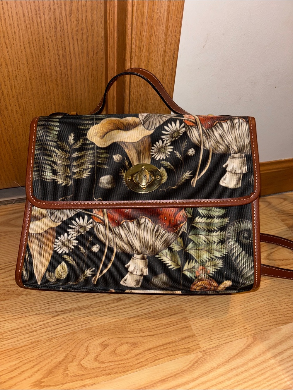 Floral Mushroom Print Crossbody Satchel - Brown Trim - Picture 1 of 8